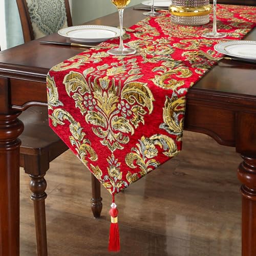 Elegant Table Runners 72 inches Long Chenille with Tassels Red Christmas - color: Red, size: 13x72”
