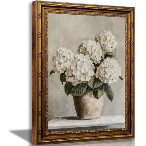 Gold Framed Wall Art White Hydrangea Canvas Print Home Decor Painting Vintage Rustic Farmhouse Floral Picture Bathroom Wall Decor for Living Room Bedroom Kitchen Office 12x16 in - color: Hydrangea, size: 12"L x 16"W