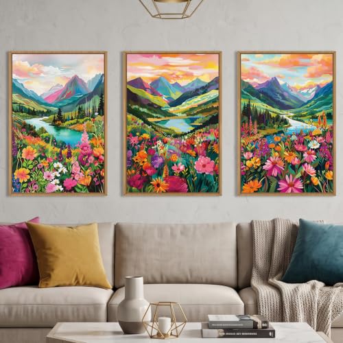 Celestdeco Colorful Mountain Floral Framed Canvas Wall Art Set-16"x24"x3 - color: Colorful Wildflowers Wall Art, size: 16"L x 24"W