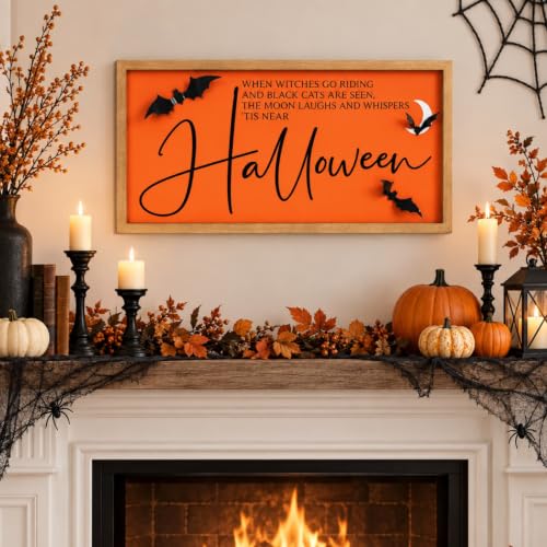 Large Halloween Wall Art Framed With 3d Bats, Spooky Wall Decor - color: orange-1
