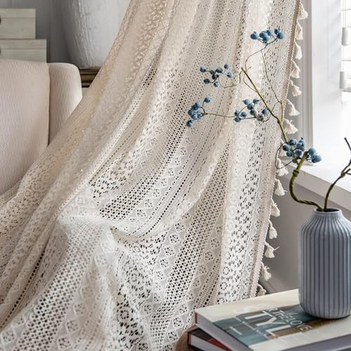 JOOJA Crochet Boho Lace Sheer Curtains Macrame Farmhouse 63 Inches Length Long Beige Vintage Bohemian Bedroom Curtains 2 Panels Set for Living Room (59Wx63L, Beige) - color: Crochet Beige, size: 59"W x 63"L (Pack of 2)