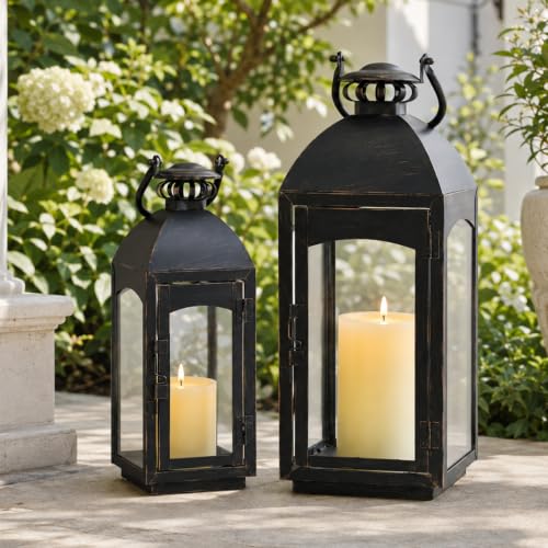 NEEDOMO Lanterns Decorative Indoor&Outdoor, 20''/16''H Set of 2 Outdoor Lanterns for Porch,Metal Frame Candle Holders Hanging Lights with Glass, Spring, Fall, Christmas - size: 20''/16''H