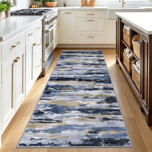 Abstract Washable 3x8 Runner Rug Non Slip Runners for Hallway - color: Navy / Blue / Taupe, size: 3' x 8' (Runner)