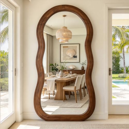 71"x33.5" Wavy Full Length Mirror with 3-Layer Solid Wood Frame - color: Walnut Wavy Frame, size: 71"L x 33.5"W