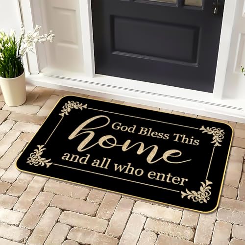 God Bless This Home Funny Welcome Doormat 29" x 17" Non-Slip Indoor Outdoor Mat for Front Porch, Entryway, or Office Rustic Door Rug for Home Decor - color: Black-home