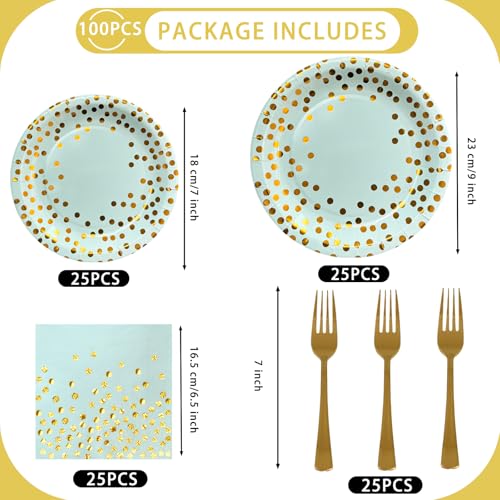 Party Supplies, Light Green Paper Plates and Napkins 100 PCS - color: Light Green Gold