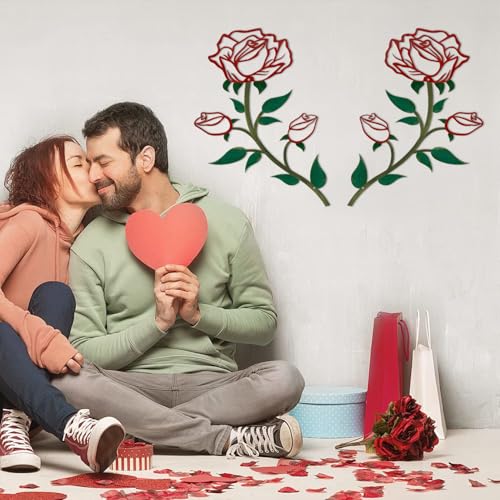 ESTART 2 Pcs Metal Rose Flower Wall Decor, 15“H Rose Flower Metal Wall Art - color: 2 Pieces-Red Green