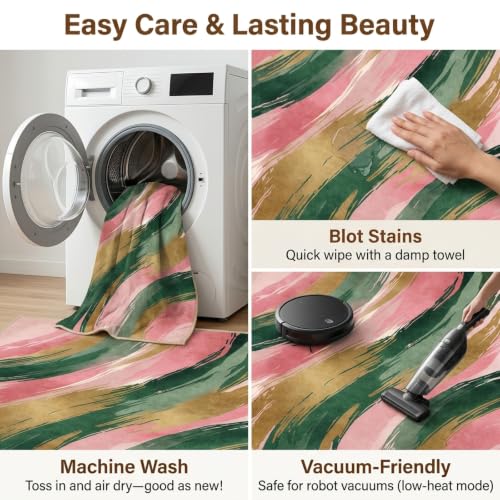 6x9 Pink and Green Area Rug, Modern Abstract Brushstroke Design - color: Pink/Green/Gold, size: 6' x 9' (Rectangular)