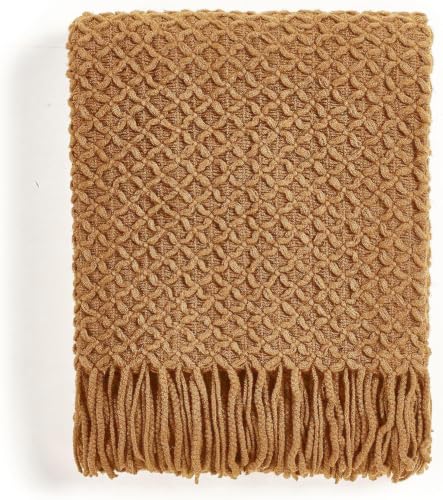 CREVENT Farmhouse Boho Knitted Throw Blanket for Couch Sofa Chair Bed Home Decoration, Soft Warm Cozy Light Weight for Spring Summer Fall (50''X60'' Light Brown) - color: Light Brown, size: 50inchx60inch