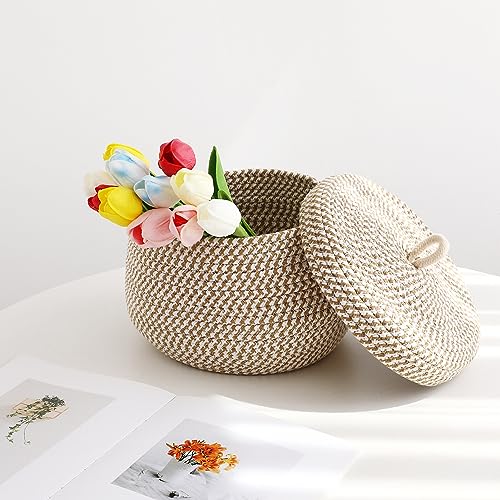 Angoily Storage Basket, 6.6 Quarts Woven Cotton Rope Basket with Lid, 1.6 Gal Small Round Decorative Storage Organizier Bin Box for Nursery, Living Room, Blanket, Home Decor, Bedroom