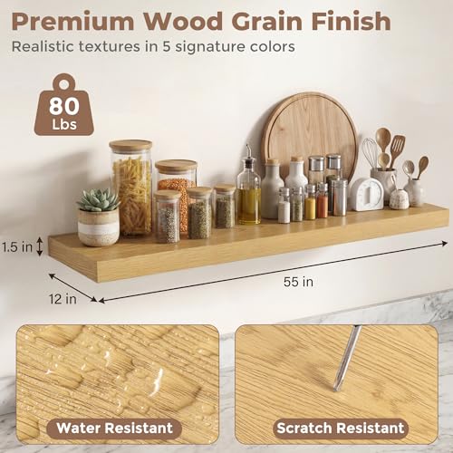 Venusmiles 12 inch Deep Floating Shelves for Wall, 55" Wide, Oak, 2-Pack - color: Oak Finish, size: 55"w x 12"d, 2p