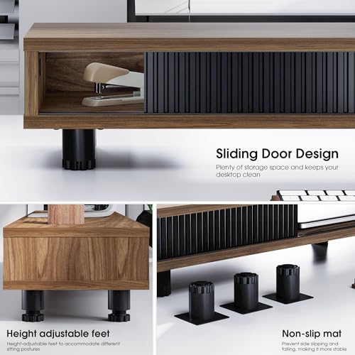 Fenge Dual Monitor Stand with Storage, Desk Shelf with Glass Sliding Door - color: Brown