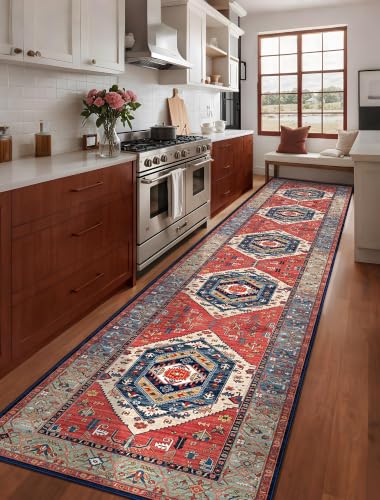 SERISSA 3x14 Washable Non Slip Boho Runner Rug for Hallway，Rust - color: Rust/Multi, size: 3' x 14' (Runner)