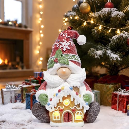 Hodao Christmas Gnome Figurine with Gingerbread House, Holiday Elf Decor - color: Red-1
