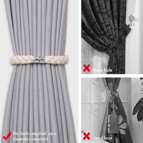 NICEEC 4 Pack Natural Cotton Rope Magnetic Curtain Tiebacks Elegant Twisted Braid Style Drape Tie Backs Soft Hand-Woven Rope Curtain Holdbacks for Home & Office Window Draperies (Beige-01) - color: Beige-01, size: 4 Pack