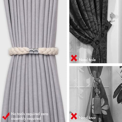 NICEEC 4 Pack Natural Cotton Rope Magnetic Curtain Tiebacks Elegant Twisted Braid Style Drape Tie Backs Soft Hand-Woven Rope Curtain Holdbacks for Home & Office Window Draperies (Beige-01) - color: Beige-01, size: 4 Pack
