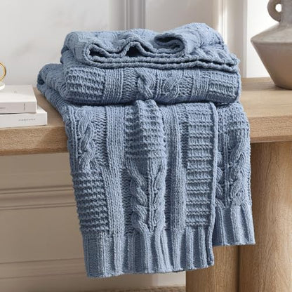 Amélie Home Chenille Knit Throw Blanket,Dusty Blue 50"x60" - color: Cable Dusty Blue, size: 50" X 60"