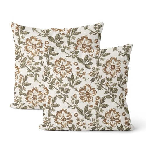 CXMEIFLY Boho Brown Green Floral Pillow Covers 18 x 18 Inch Set of 2 Vintage Block Print Flower Outdoor Decor Throw Pillows Neutral Antique Linen Farmhouse Decorative Pillowcases for Couch Bed Sofa - color: Green Brown Floral, size: 18" x 18" (Pack of 2)