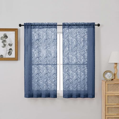 OVZME Dusty Blue Small Sheer Curtains 45 Inch Length 2 Panels, Light Filtering Soft Airy Cafe Curtains Dual Rod Pocket Design, Leaf Jacquard Farmhouse Window Drapes for Kitchen, 2x28Wx45L Inches - color: Dusty Blue, size: 28"W x 45"L (Pack of 2)