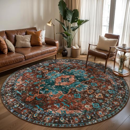 Ciicool 6ft Round Boho Large Area Rug,Washable Circle Rugs for Living Room - color: Brick Red/Dull Teal, size: 6' (Round)