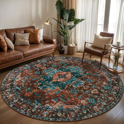 Ciicool 6ft Round Boho Large Area Rug,Washable Circle Rugs for Living Room - color: Brick Red/Dull Teal, size: 6' (Round)