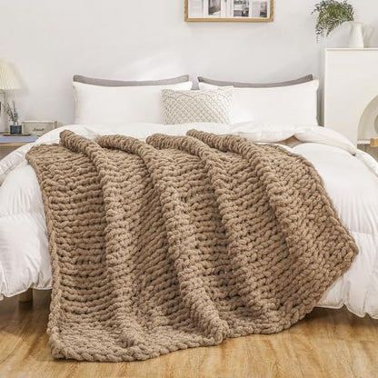 WESHIONGOO Chunky Knit Blanket Throw for Couch Bed 51"×63" Brown - color: Brown, size: 51"x63"(Large Size Throw)