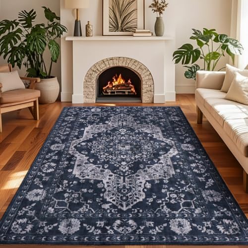 nesrt Boho Vintage 5x7 Area Rug, Low Pile Large Living Room Rugs Washable Non Slip, Soft Faux Wool Thin Printed Carpet for Bedroom Dining Room Laundry Office, Retro Area Rug Indoor Decor (Blue) - color: Blue, size: 5' x 7' (Rectangular)