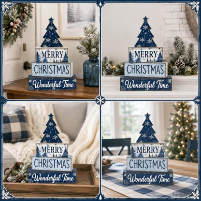 Christmas Table Decorations Wooden Blue Xmas Tree Tiered Tray Decor - style: Blue Tree