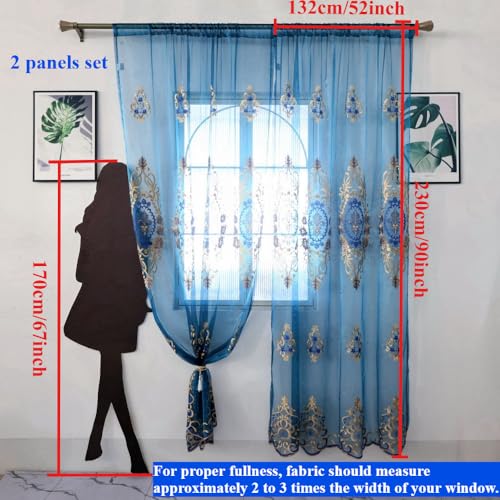 Amidoudou Rod Pocket Curtains European Luxury Sheer Embroidered Curtains for Living Room Bedroom (Blue,52" W x 90" L (Pack of 2)) - color: Blue, size: 52"W x 90"L (Pack of 2)