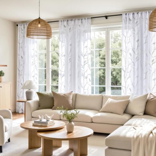 HOMEIDEAS White Semi Sheer Curtains 84 Inches Long,Birds on Branch,2 Panels - color: White - Birds on Branch, size: 52"W x 84"L (Pack of 2)