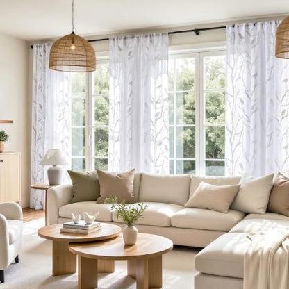 HOMEIDEAS White Semi Sheer Curtains 84 Inches Long,Birds on Branch,2 Panels - color: White - Birds on Branch, size: 52"W x 84"L (Pack of 2)