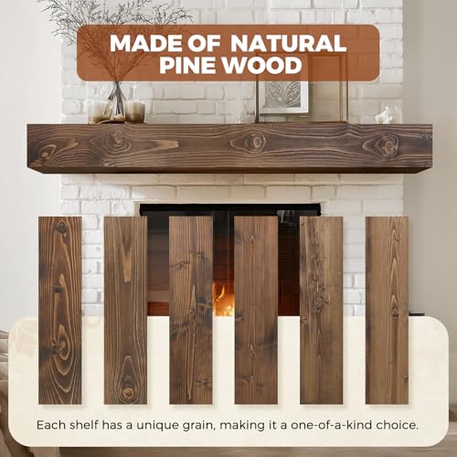 56x8x5in Pine Wood Fireplace Mantel Shelf, Weathered Brown - color: Weathered Brown, size: 56x5x8-hollow
