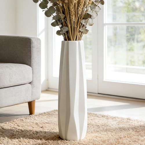 White Tall Ceramic Floor Vase, 24 Inch, Faceted Design, Large Decor - color: 5-stripes, size: Height-24 Inch
