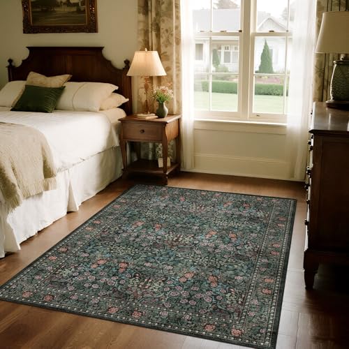 Floral 4x6 Entryway Rug, Black Green Washable Boho Bedroom Area Rug - color: Black / Multi, size: 4' x 6' (Rectangular)