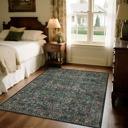 Floral 4x6 Entryway Rug, Black Green Washable Boho Bedroom Area Rug - color: Black / Multi, size: 4' x 6' (Rectangular)