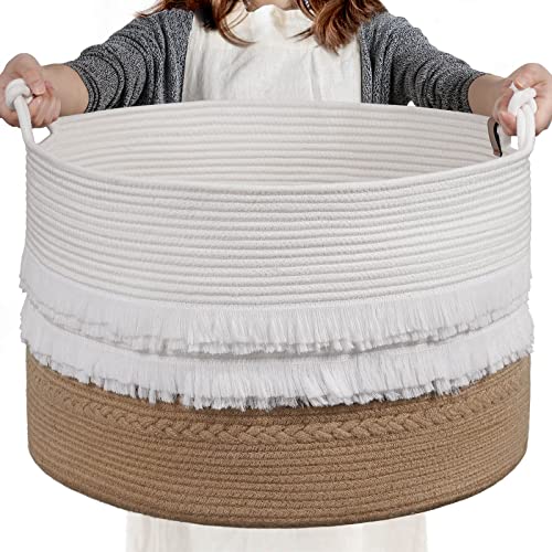 CherryNow Large Wicker Laundry Basket for Entryway, Bedroom, Jute Decorative Baskets for Clothes, Toys, Towel Basket for Bathrooom, 22 x 14 inches, 83L - color: White & Camel, size: 83L (22"W x 14"H)