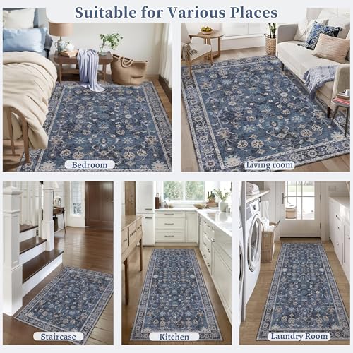 Tangsoo 2.6x10 Washable Long Runner Rug for Hallway Non Slip - color: Distressed Blue Black, size: 2'6" X 10' (Runner)