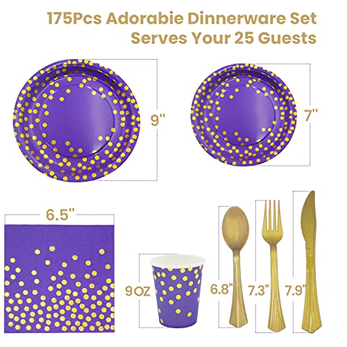 AIRE Purple Gold Paper Plates Set, 175PCS Disposable Dinnerware for 25 - color: 175pcs Purple and Gold