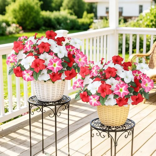 Uieke Artificial Flowers for Outdoors, 24PCS Faux Petunias Outdoor Uv Resistant Silk Flower, Spring Decorations for Home Garden Patio Porch, Red&White - color: Red & White