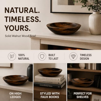 ZENFUN Wooden Decorative Bowl, Walnut Tray Dish Kitchen Dining for Fruit and Salad, Round Hand Crafted Walnutwood Serving Bowl, Home Decor Wood Bowls 10.8" Diameter x 2.6" Height, Seamless