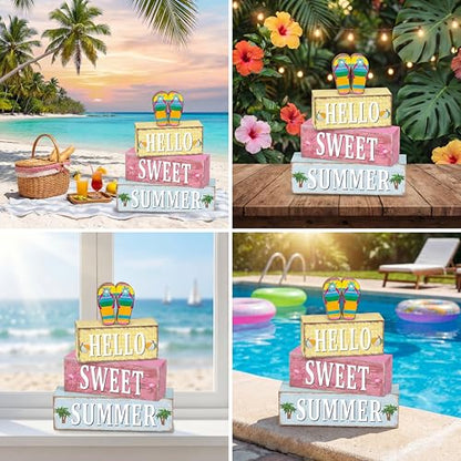 Geelin 4 Pcs Summer Flip Flop Wood Table Decor Hello Sweet Summer Sign - style: Summer