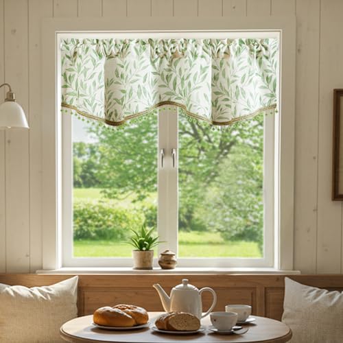 VOGOL Leaf Print Scalloped Window Valance, Beaded Trim, Green, 52 x 16 - color: Green, size: 52"W x 16"L (Pack of 1)