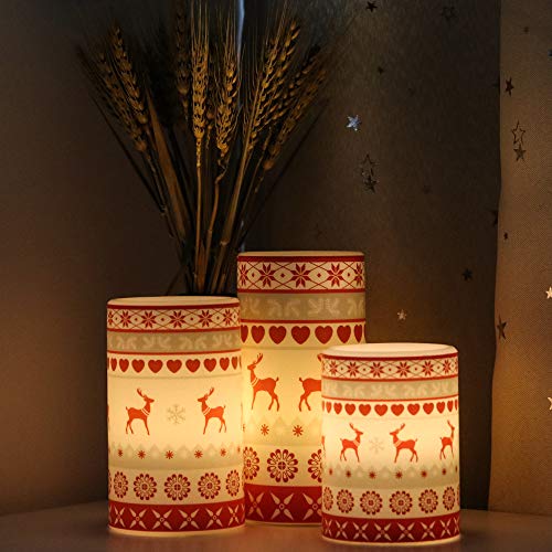 GenSwin Flameless Flickering Led Candles Battery Operated with 6 Hours Timer, Real Wax Pillar Candles Warm Light Love Deer Decal Decor Gift(Pack of 3) - color: Red Deer
