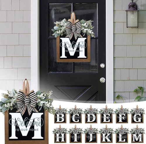 Last Name All Year Round Front Door Wreath with 26 Initial Letter Welcome Sign All Seasons Eucalyptus Garland and Bow ，Farmhouse, Porch, for Spring Summer Fall All Seasons Holiday Halloween Christmas. (M) - color: M