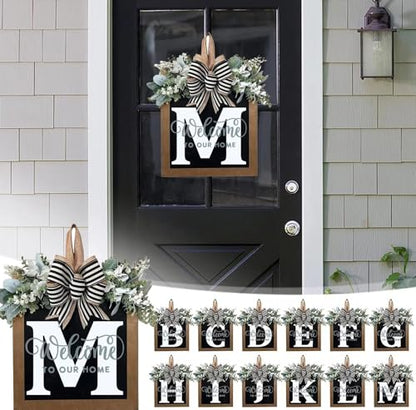 Last Name All Year Round Front Door Wreath with 26 Initial Letter Welcome Sign All Seasons Eucalyptus Garland and Bow ，Farmhouse, Porch, for Spring Summer Fall All Seasons Holiday Halloween Christmas. (M) - color: M