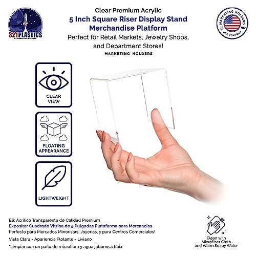 Marketing Holders Acrylic Riser 5" Square Display Stand Clear Tabletop Showcase Pedestal for Small Figurines Retail Products and Merchandise Plexiglass Ring or Watch Box Throne - size: 5" Riser