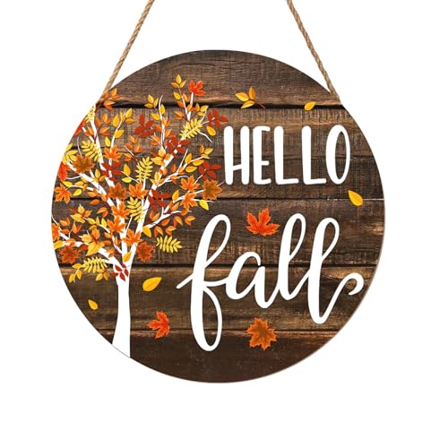 Hello Fall Wreath for Front Door Fall Tree Welcome Door Sign 12x12 Inch Autumn Maple Leaves Wood Door Hanger Farmhouse Thanksgiving Hanging Plaque for Home Porch Wall Indoor Outdoor Decorations - color: Hello Fall Maple Tree