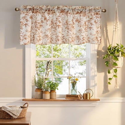 NICETOWN Faux Linen Valance for Windows Kitchen Living Room, Autumn Yellow Brown Peony Printed Rod Pocket Farmhouse Country Rustic Bathroom Small Window Treatment (52x18 inch, 1 Panel) - color: Yellow Brown, size: 52"W x 18"L (Pack of 1)