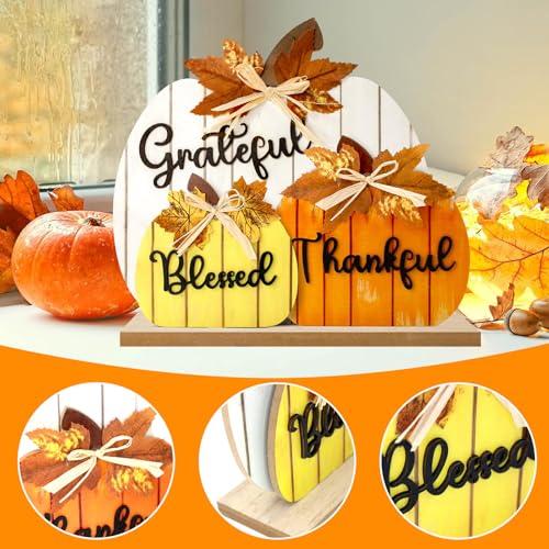Fall Decorations for Home, Wooden Pumpkin Tabletop Sign Blessed Grateful Thankful Fall Decor for Home Farmhouse Living Room Harvest Day Thanksgiving Decor