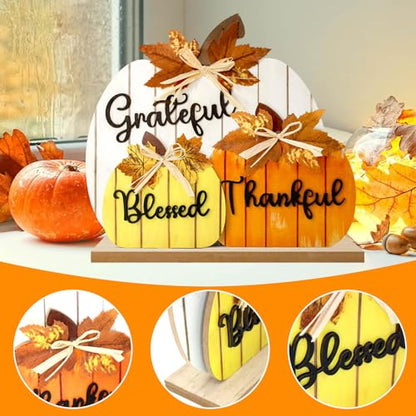 Fall Decorations for Home, Wooden Pumpkin Tabletop Sign Blessed Grateful Thankful Fall Decor for Home Farmhouse Living Room Harvest Day Thanksgiving Decor
